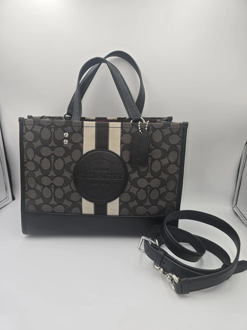 COACH C8448 Dempsey Carryall Tote Signature Jacquard Grey Black Leather Trim